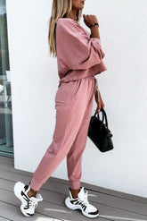 Pink Solid Sport Boxy Fit Pullover & Pants Outfit
